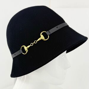 Liz Claiborne Black 100% Wool Cloche Hat Brushed Metallic Gold Bit Headband NEW